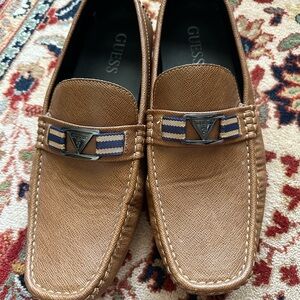 Guess Tan Leather Slip-On Loafers with Metal Accent